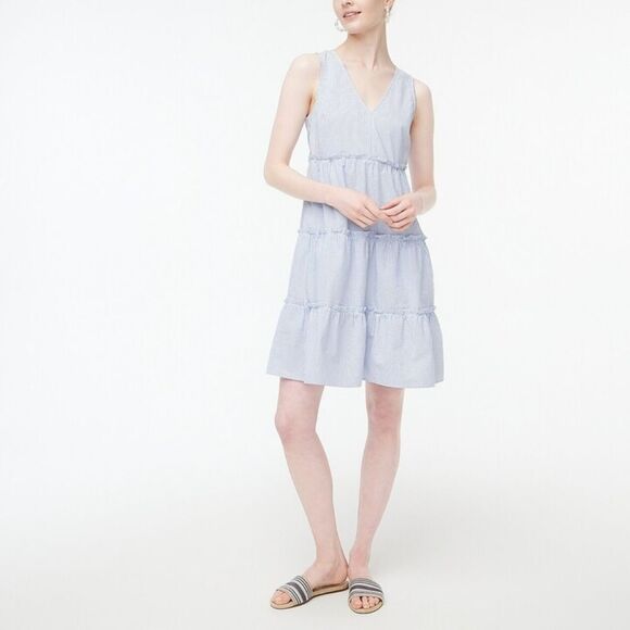 J.Crew Blue Striped Cotton Seersucker Ruffle Mini Dress Size 8 - Picture 2 of 12